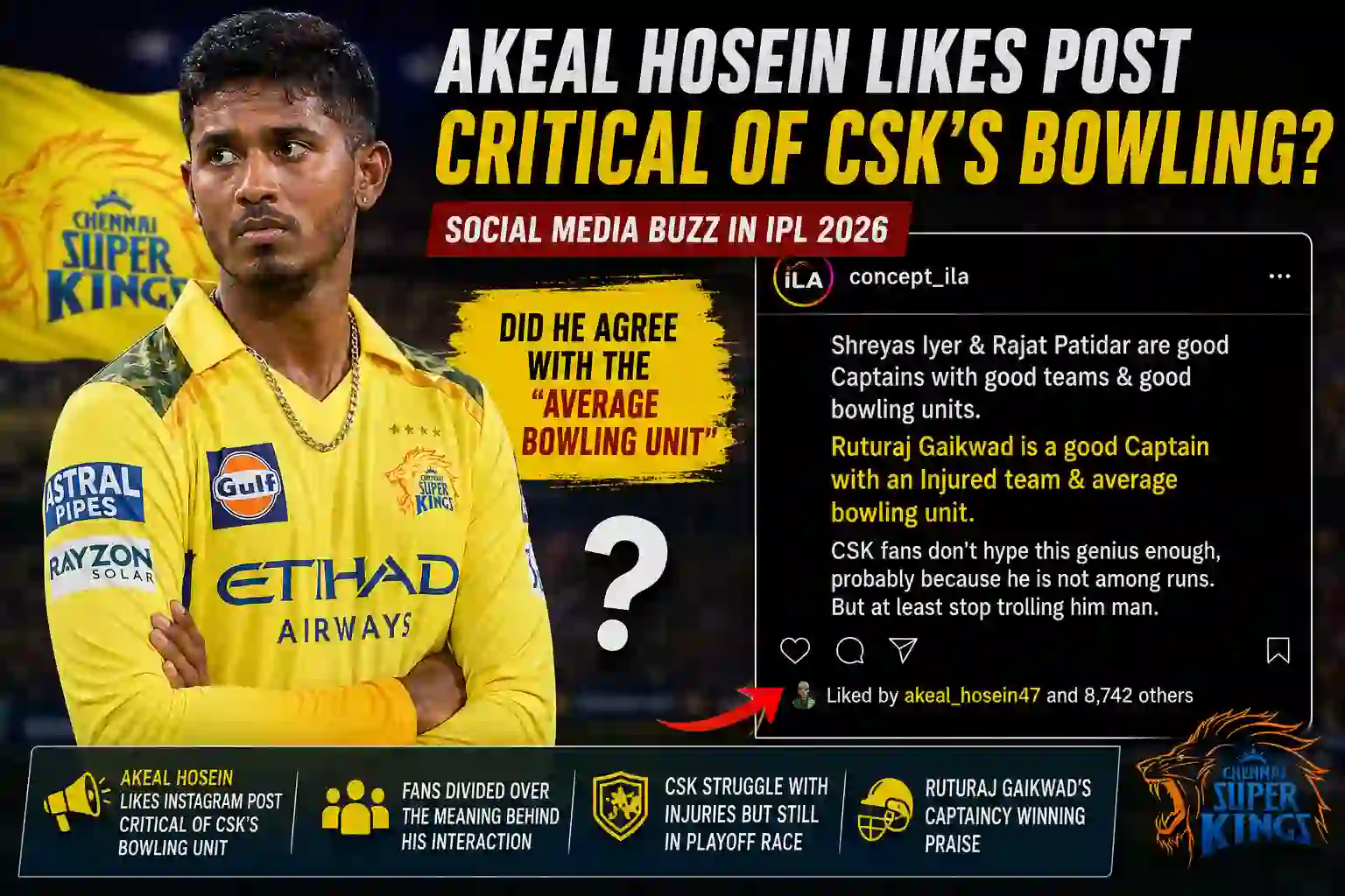 Akeal Hosein’s Instagram Activity Creates Buzz Among CSK
